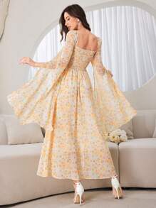 Seusyu Women's Elegant Abaya Long Sleeve Dress With Cape Sleeves And Allover Print Pattern, Summer - Multicolor - View 2