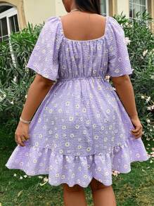 Flirla Plus Size Boho Women's Daisy Printed Casual & Elegant Vacation Dress With Twisted Knot And Flounce Sleeve For Summer - Purple - View 2