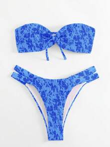 Swim Mod Summer Beach Women's Floral Print Wrap Bandeau Bikini Set For Vacation - Blue - View 1