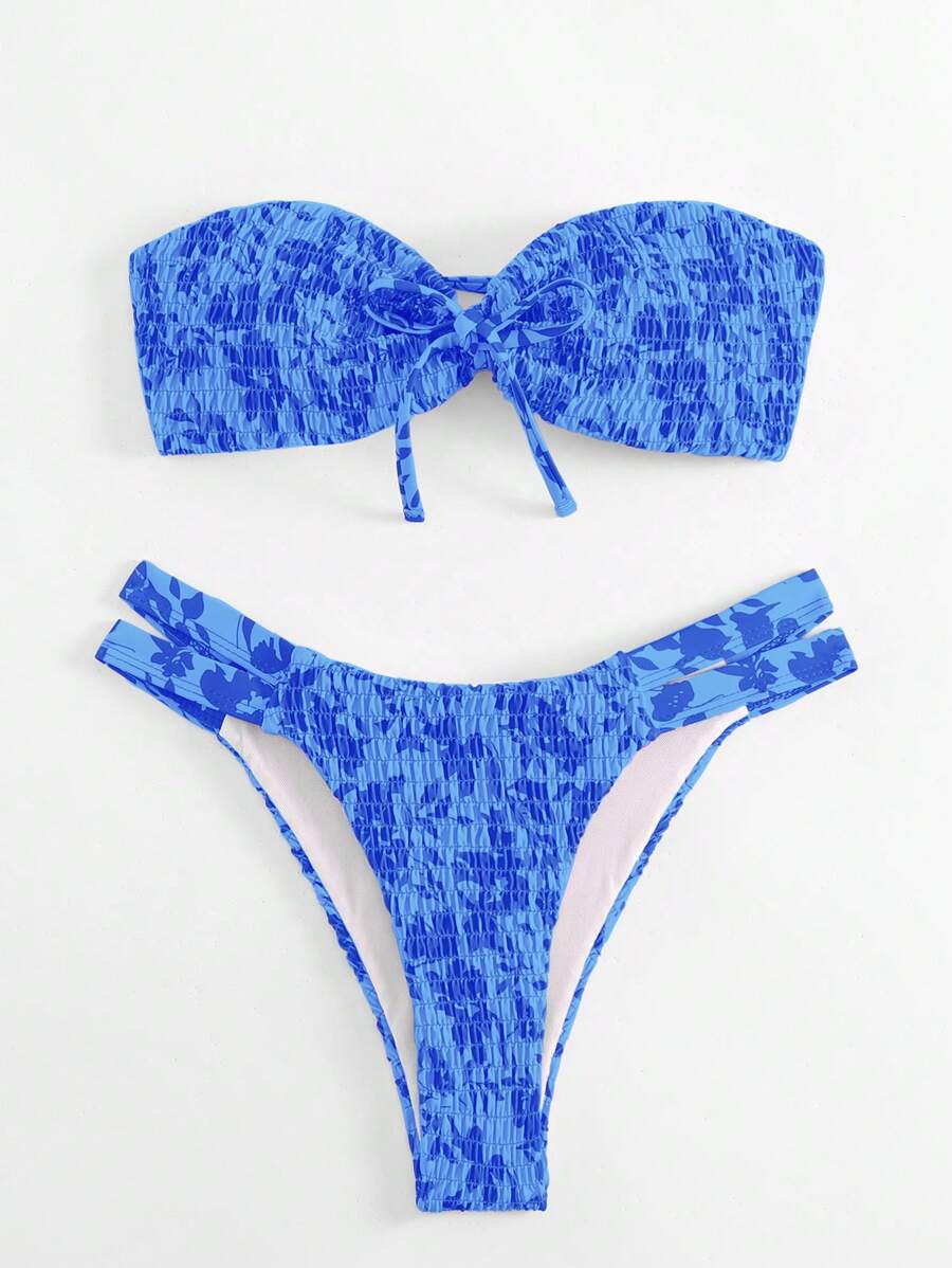Swim Mod Summer Beach Women's Floral Print Wrap Bandeau Bikini Set For Vacation - Blue - View 1