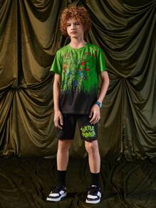 TEENAGE MUTANT NINJA TURTLES X SHEIN Conjunto de 2 peças de camiseta casual de manga curta com estampa de desenho animado e shorts de cintura com cordão para menino pré-adolescente, verão