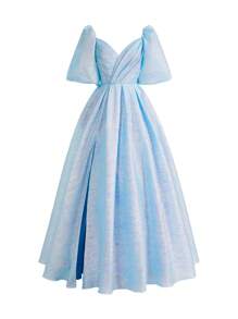 SHEIN Belle 女性華麗優雅的輕質塗層織物籠狀袖長裙，腰部高設計，甜心領，後部可調式帶子，晚禮服晚宴裙子，設有開叉