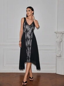 SHEINNeu Damen elegantes ärmelloses Kleid mit Spitzen-Einsätzen und asymmetrischem Saum für den Sommer - Schwarz - Übersicht 7