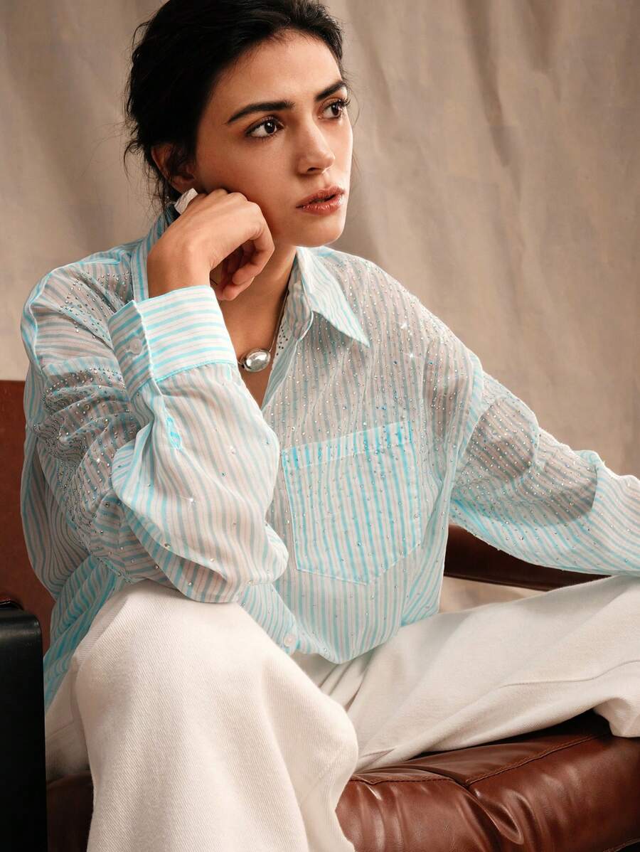 Anewsta Striped Rhinestone Decor Casual Fashion Turn-Down Collar Flowy Long Sleeve Shirt - Blue - View 1