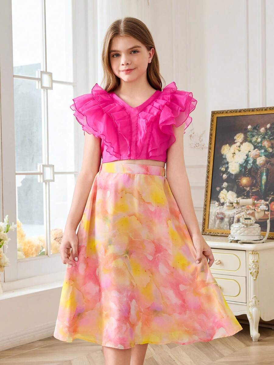 SHEIN Set aus lockerem Rüschen-Top und bedrucktem Chiffonrock für Tween Mädchen - Heißes Pink - Übersicht 1
