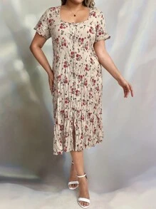 SHEIN LUNE Summer Plus Size Women Fashionable Ditsy Floral Short Sleeve Dress