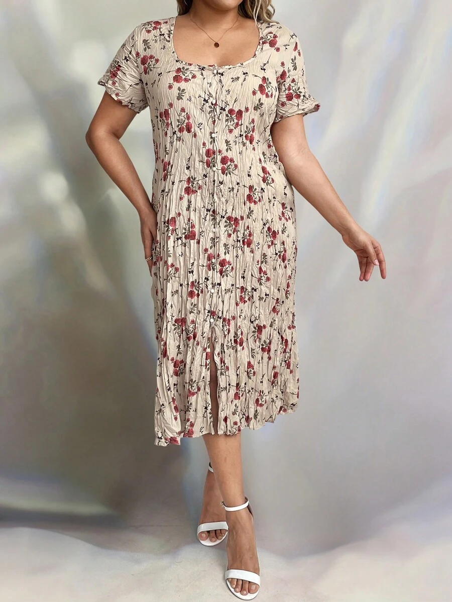SHEIN LUNE Summer Plus Size Women Fashionable Ditsy Floral Short Sleeve Dress