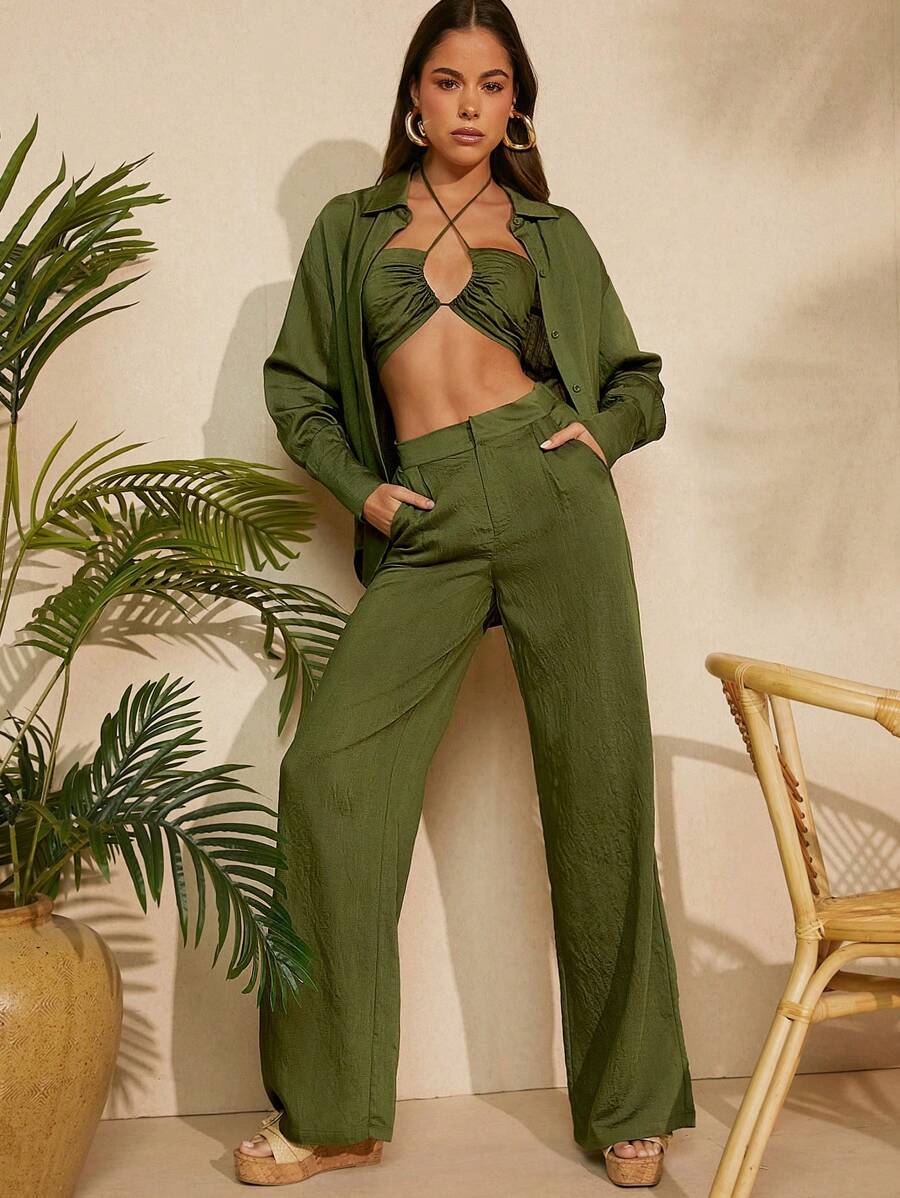 L'Amorae Bộ đồ hai mảnh dành cho nữ, Áo crop top bralette màu xanh ô liu thường ngày mùa thu & Quần dài ống rộng & Áo sơ mi tay dài, Bộ quần. Dành cho trang phục mặc hàng ngày, đi chơi, tiệc tùng, trang phục hòa nhạc đồng quê, trang phục lễ hội Rave, trang phục đi hộp đêm - Màu xanh Ô liu - Xem 1