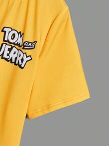 TOM & JERRY X SHEIN Maglietta casual a maniche corte e pantaloncini a due toni con stampa di cartoni per ragazzino, estate