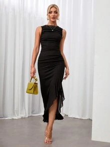 SHEIN Tall Vestido negro corto elegante de verano con unicolor, drapeado, volante asimétrico y sin mangas ajustado - Negro - Ver 4