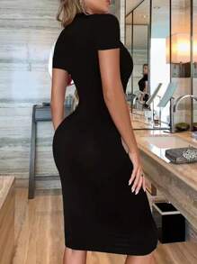 SHEIN Summer Plus Size Solid Color Slim Fit Daily Short Sleeve Dress - Black - View 2