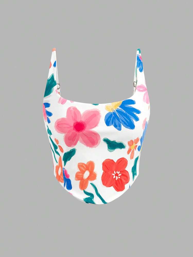 Women Fashion Short Asymmetrical Hem Printed Tank Top