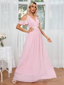 SHEIN Belle Jurk met glitterlint en split met open schouder en taille