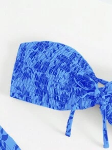 Swim Mod Summer Beach Women's Floral Print Wrap Bandeau Bikini Set For Vacation - Blue - View 4