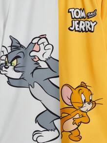 TOM & JERRY X SHEIN Maglietta casual a maniche corte e pantaloncini a due toni con stampa di cartoni per ragazzino, estate