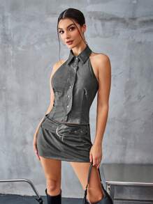 Aveloria Affinna Stylish Sleeveless Backless Top With Detachable Tie Neck, Gray Color,Matching With Low Waist Wide Belt And Skirt Set