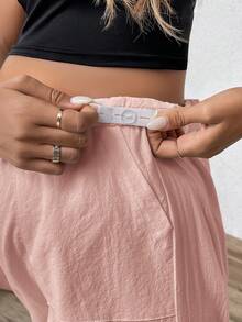 SHEIN Young Women Casual Loose Fit Wide Leg Pants With Elastic Waist And Adjustable Drawstring, High Waist Long Trousers For Maternity - Pink - View 4