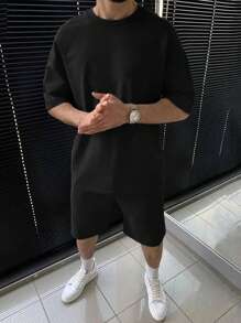 Manfinity Homme Conjunto de hombre de manga corta y pantalón corto unicolor y diseño simple - Negro - Ver 1