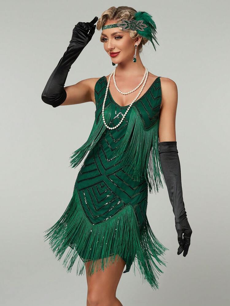 Abito elegante da donna con decorazione a nappine, stile vintage anni '20, abito da cocktail semi-formale per ballo, matrimonio, festa di laurea, cena, festa di ritorno a casa, vacanza primaverile - Verde - Visualizzare 1