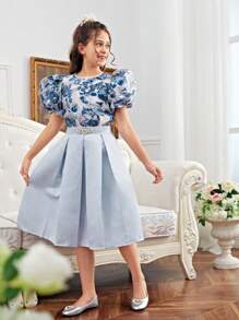 SHEIN 2pcs Tween Girl Sibling Outfits: Jacquard Round Neck Puff Sleeve Shirt And Color-Block Mini Skirt Set