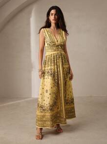 Anewsta Paisley Print Women Yellow Sleeveless Deep V-Neck Cinched Waist Maxi Rayon Dress - Yellow - View 4
