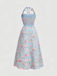 SHEIN MOD Conjunto de camisa azul con estampado floral, decoración de botones y dobladillo en forma de arco, y falda plisada para primaveraverano - Multicolor - Ver 2