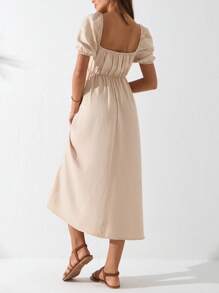 Cloudara Women Puffer Sleeve  Cami  Dress - Beige - View 2