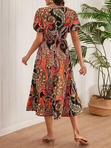 Q8014 Round Neck Printed Long Dress With Flared Sleeves - Multicolor - View 2