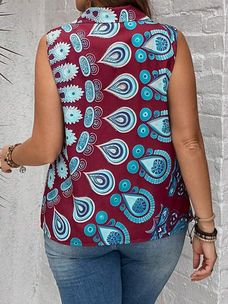 Plus Size Vintage Printed Sleeveless Open-Front Shirt For Summer