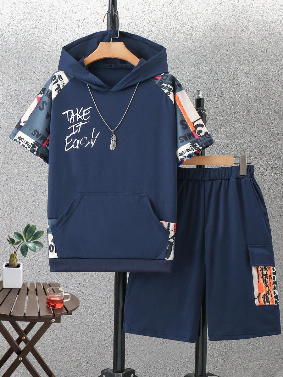 SHEIN Teen Boy Hooded Short Sleeve T-Shirt With Letter Print And Shorts With Pockets Set - Navy Blue - View 1