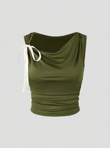 SHEIN Unity Camiseta sin mangas de verano para mujer con tirantes cruzados halter y pliegues - Verde militar - Ver 1