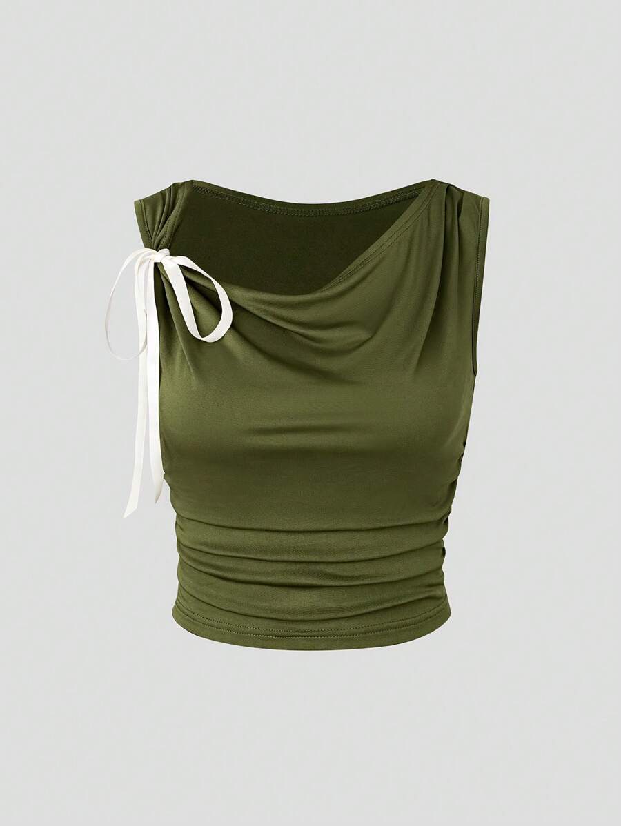SHEIN Unity Camiseta sin mangas de verano para mujer con tirantes cruzados halter y pliegues - Verde militar - Ver 1