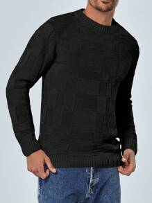 RueChic Men's Check Texture Round Neck Sweater - Dark Grey - View 3