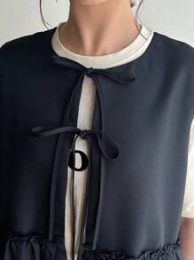 FRIFUL 女士休闲纯色丝带无袖夹克，春夏，荷叶边背心 - 藏蓝色 - 查看 7