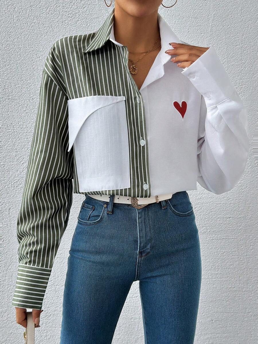 Cottnline Shirt With Heart Embrodiery - Khaki - View 1