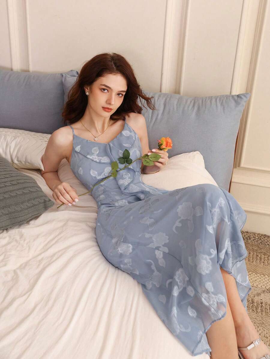 GENKIRA Vacation-Style, French, Elegant, Slim Fit, V-Neck, Ruffle Trim, Floral Pattern, Sleeveless, Spaghetti Strap, Women's Dress - Blue - View 1