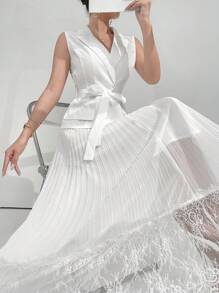 Modelyn 女士無袖夏季西裝外套和及膝裙套裝 - 白色 - 查看 3