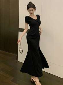 DAZY Women's Elegant Solid Color Twisted Back Fish Tail Dress For Summer Prom Dress Sundress,Formal Women Dresses - Black - View 4