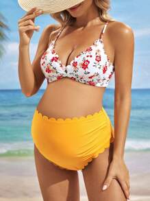 SHEIN 孕婦夏季海灘扇邊撞色花卉印花度假比基尼套裝 - 杏色 - 查看 3