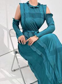 Modelyn Vestido largo para uso diario con hombros descubiertos, encaje y cinturón para mujeres, vestidos de noche - Verde - Ver 1