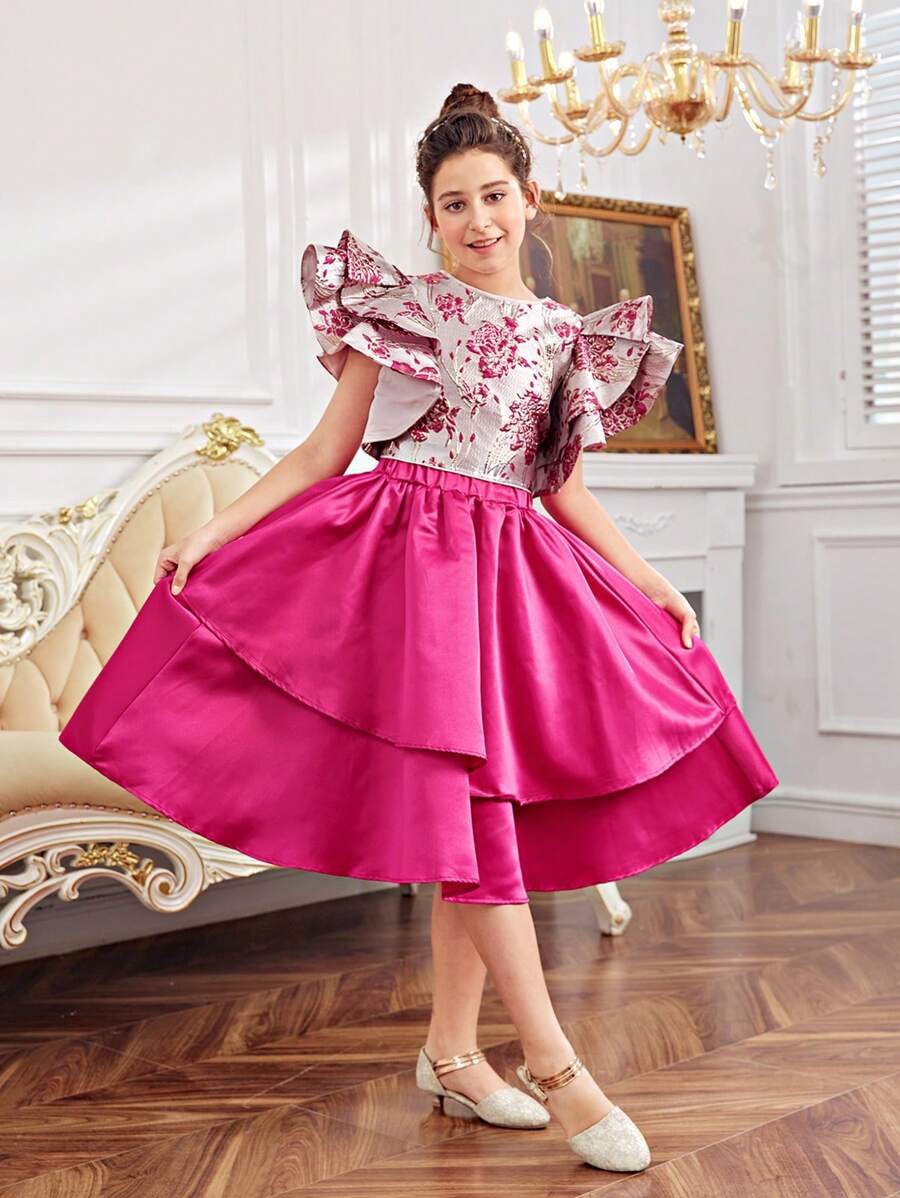 SHEIN Tween Girls' Layered Ruffle Sleeve Jacquard Shirt And Asymmetrical Double-Layered Hem Skirt Set - Hot Pink - View 1