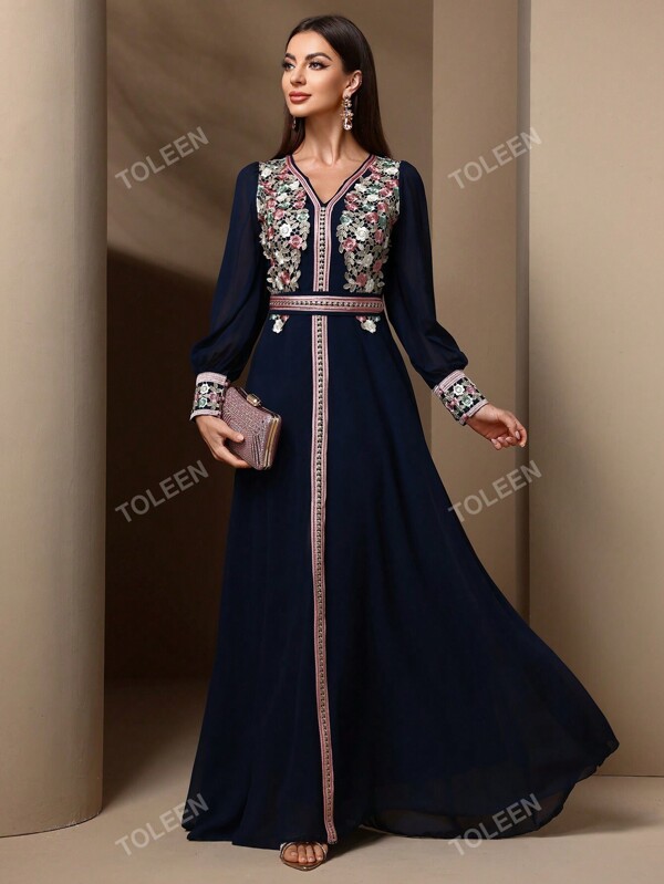 Women's Floral Embroidery Patchwork Modest Long Sleeve Abaya Dress Kaftan Arabian Dress