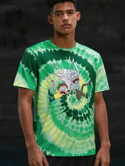 Rick and Morty X SHEIN Män seriefigur och spiral Tie-Dye tryckt kortärmad Casual sommar T-shirt