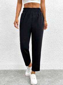 SHEIN PETITE Solid Ruffle Trim Elastic Waist Cropped Pants
