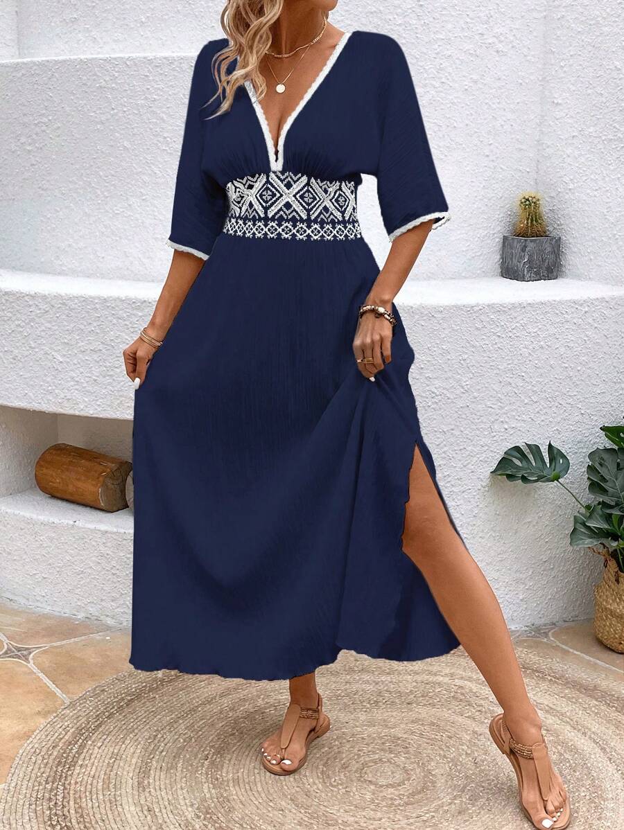 Breezaya Women's Summer Embroidered Patchwork Split Dress, Vacation Wear - Navy Blue - View 1