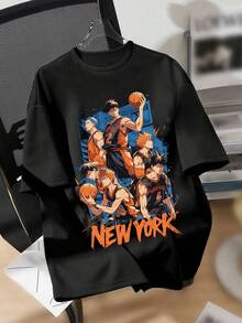 少年動漫籃球休閒運動短袖T恤（適用於夏季） - 黑色 - 查看 1