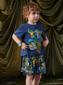 TEENAGE MUTANT NINJA TURTLES X SHEIN Set estivo da ragazzo giovane con Maglietta e pantaloncini casual a stampa di cartoni animati e lettere cool