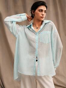 Anewsta Striped Rhinestone Decor Casual Fashion Turn-Down Collar Flowy Long Sleeve Shirt - Blue - View 5