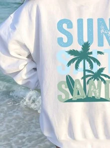 SHEIN EZwear Áo len ống rộng in chữ cây dừa đi biển - trắng - Xem 4
