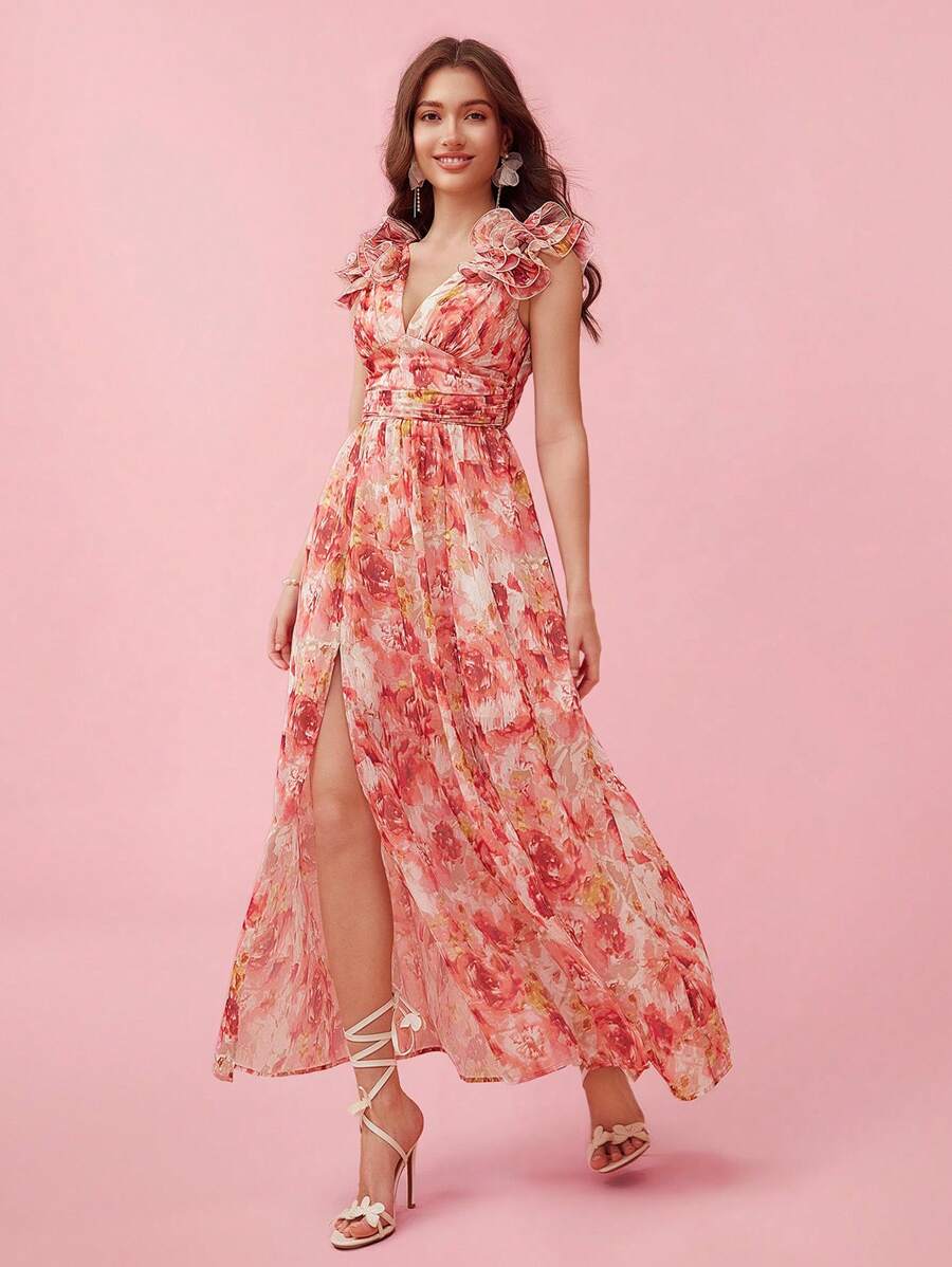 Enchnt Spring/Summer Romantic Women Elegant Split Printed Dress ,Sweet&Elegant For Valentine Day&Holiday &Sweet Date Night&Daily&Vacation&Garden Parties - Pink - View 1